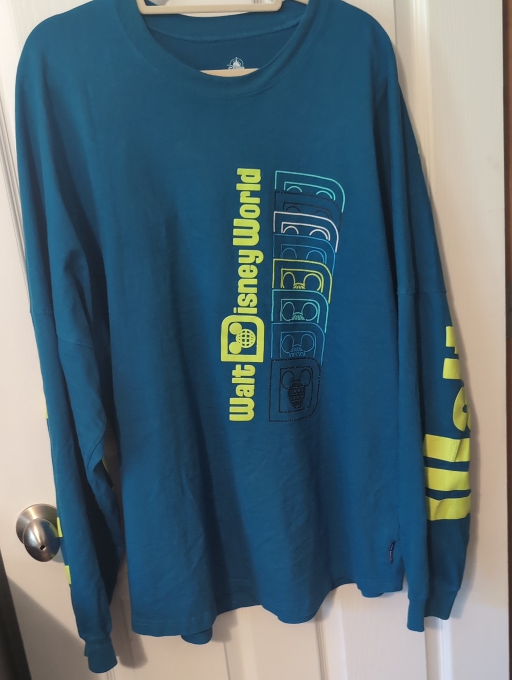 Men's XXL Disney Teal Long-Sleeve Graphic Tee with Neon Yellow Accents
